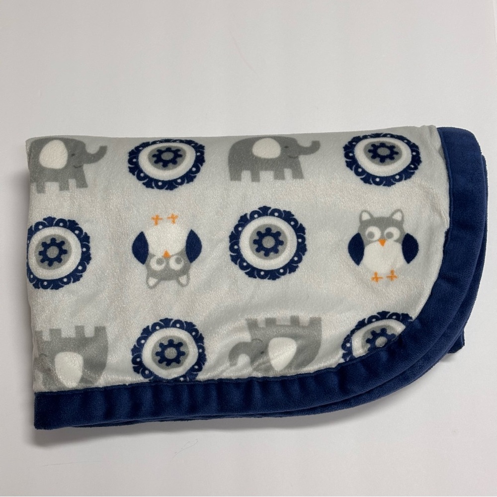 Blankets and Beyond Baby Blanket Navy Blue Gray White Owls Elephants Soft 31x27" - Picture 2 of 11